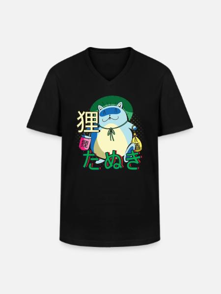 Chat anime Tanuki Yokai - T-shirt col V Homme - noir