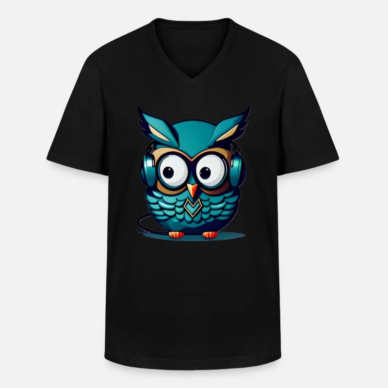 Eule türkis Kopfhörer - Männer-T-Shirt mit V-Ausschnitt - Schwarz