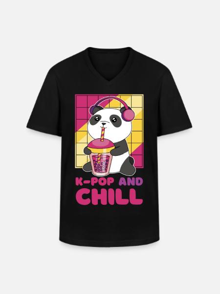 Kawaii-panda med hodetelefoner og boblete - Klassisk T-skjorte med V-hals for menn - svart