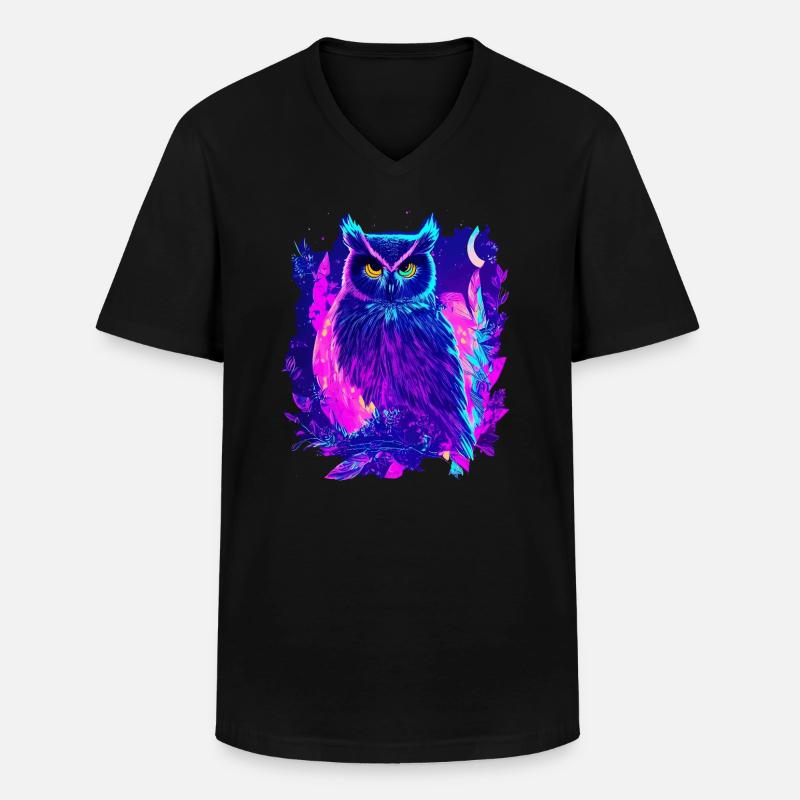 Neon leuchtende Eule Synthwave - Männer-T-Shirt mit V-Ausschnitt - Schwarz