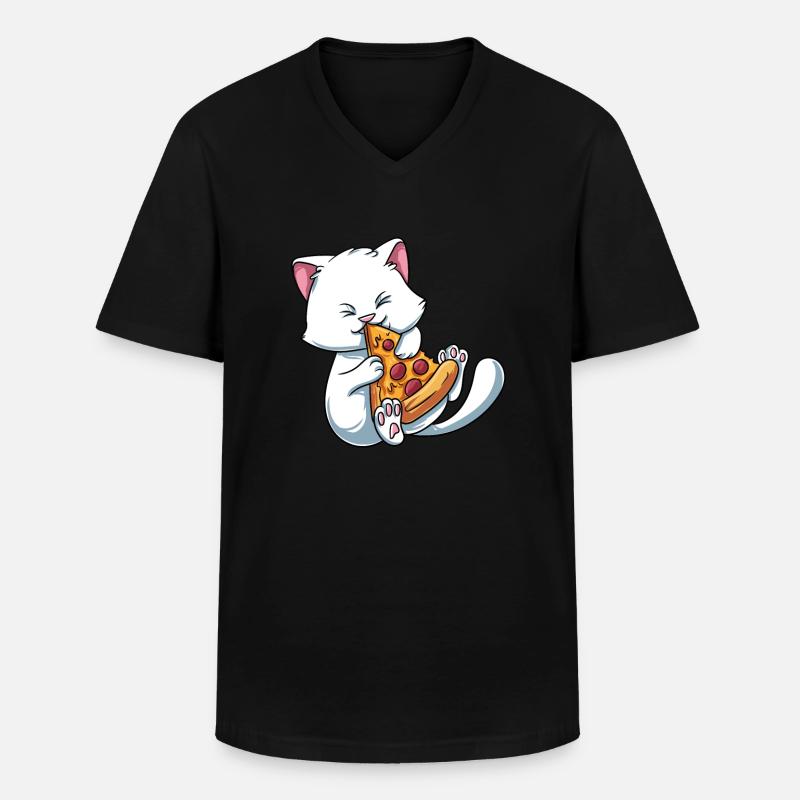 Kätzchen Katze isst Pizza - Männer-T-Shirt mit V-Ausschnitt - Schwarz