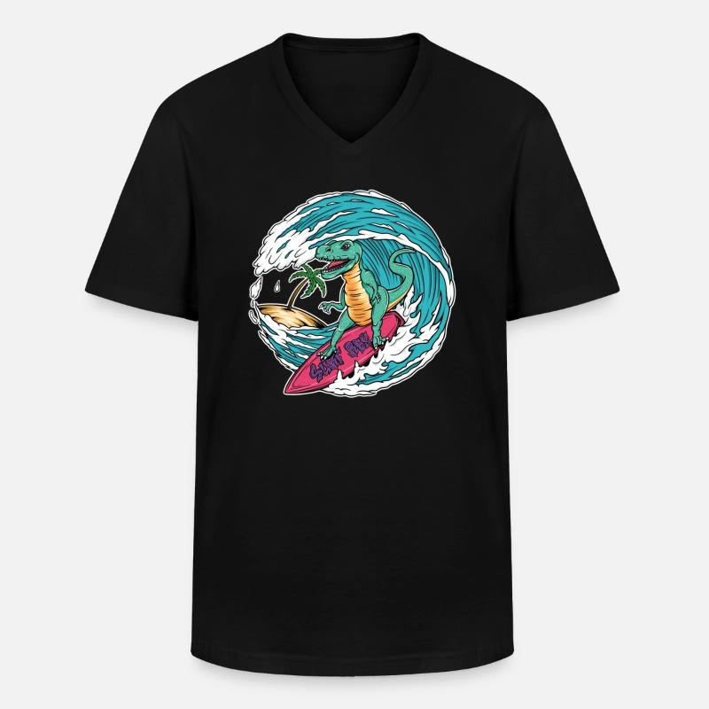 Surfender T-Rex - Männer-T-Shirt mit V-Ausschnitt - Schwarz