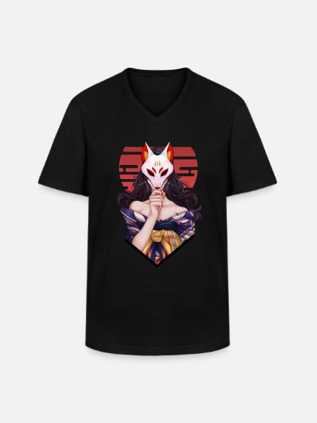 Japansk kvinde i Kitsune rævemaske - Klassisk herre T-shirt med V-udskæring - sort
