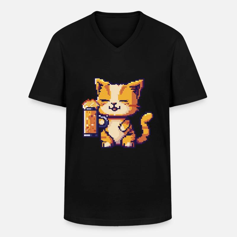 Katze Pixel Bier - Männer-T-Shirt mit V-Ausschnitt - Schwarz