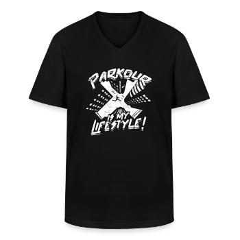 Parkour Freerunning Runner Back Flip Jumping - Men's V-Neck T-Shirt - black - Front - AI Model Male 178 dark (178cm)
