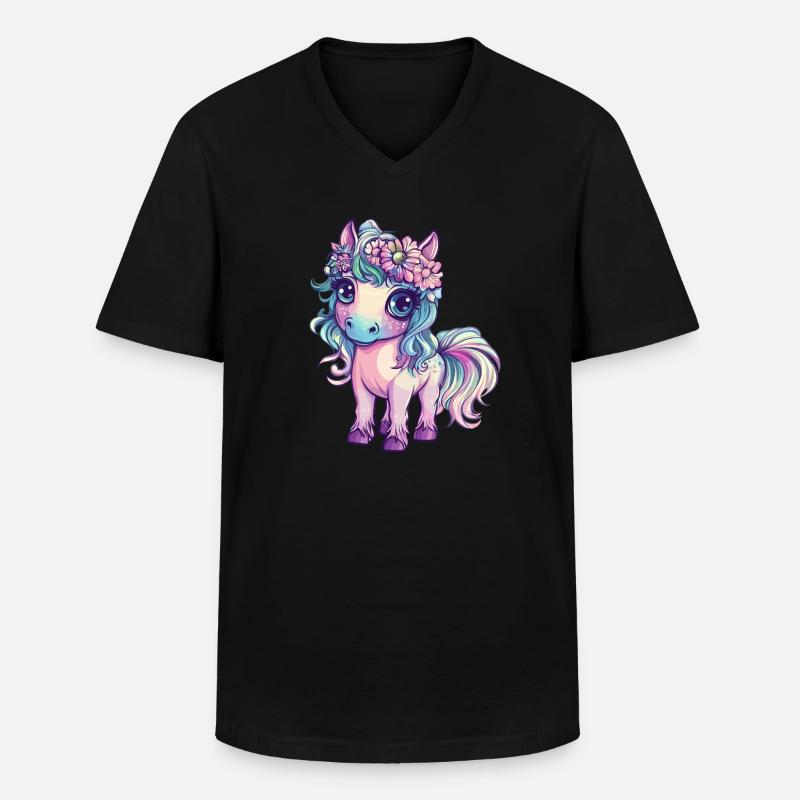 Regenbogenpony mit Blumen - Männer-T-Shirt mit V-Ausschnitt - Schwarz