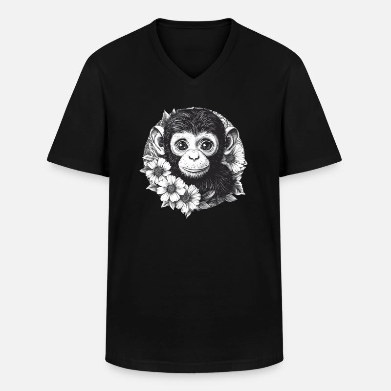 Schwarz-Weiß Affe mit Blumen - Männer-T-Shirt mit V-Ausschnitt - Schwarz
