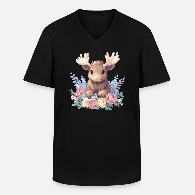 Süßer Elch mit Blumen - Männer-T-Shirt mit V-Ausschnitt - Schwarz