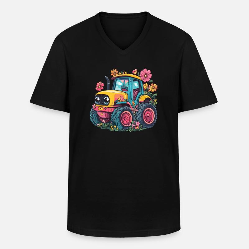 Fröhlicher Blumen-Traktor - Männer-T-Shirt mit V-Ausschnitt - Schwarz
