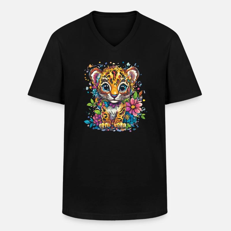 Petit léopard à fleurs - T-shirt col V Homme - noir