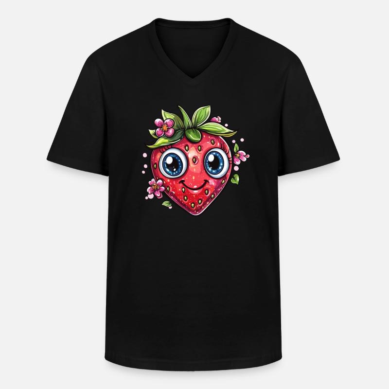 Strawberry with flower smile - Men's V-Neck T-Shirt - black