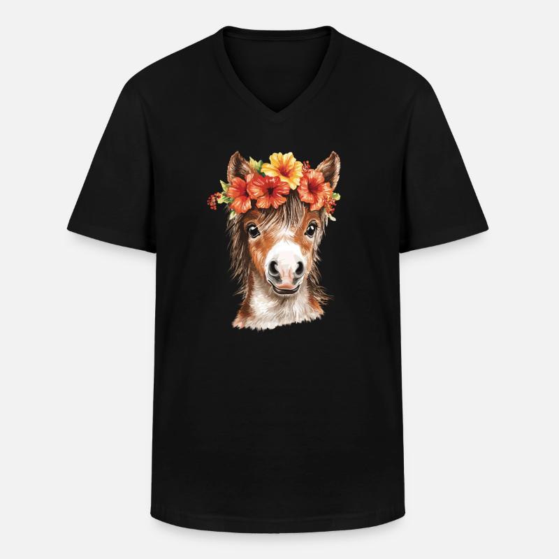 Pony mit Hibiskus - Männer-T-Shirt mit V-Ausschnitt - Schwarz