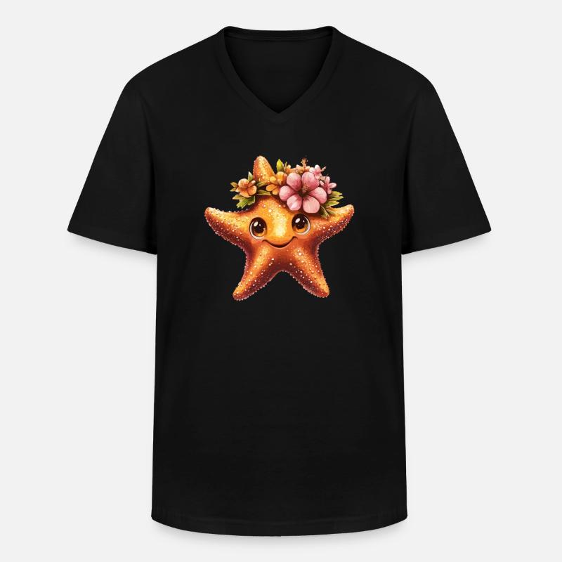 Seestern mit Blumenkranz - Männer-T-Shirt mit V-Ausschnitt - Schwarz