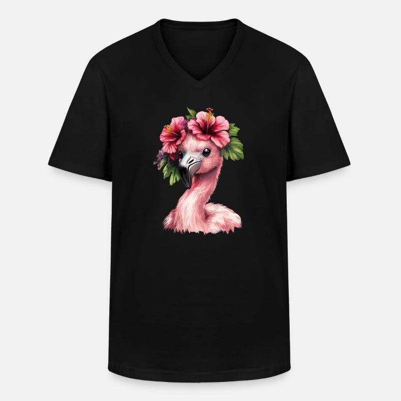 Flamingo mit Hibiskus - Männer-T-Shirt mit V-Ausschnitt - Schwarz