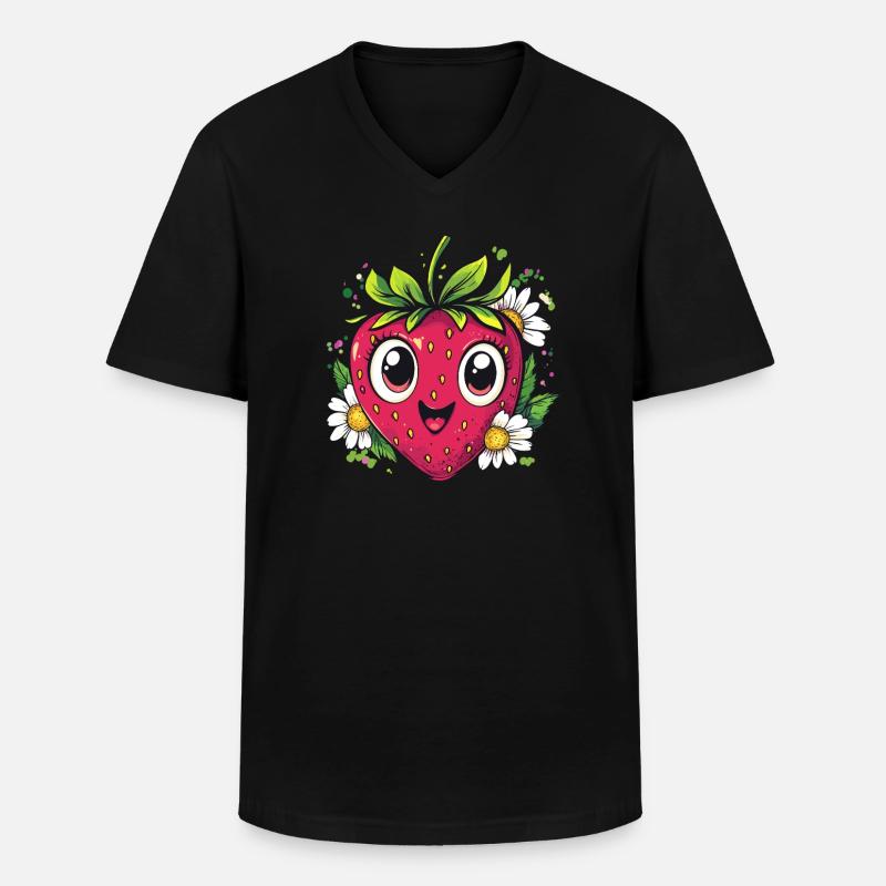 Erdbeere mit Gänseblümchen - Männer-T-Shirt mit V-Ausschnitt - Schwarz