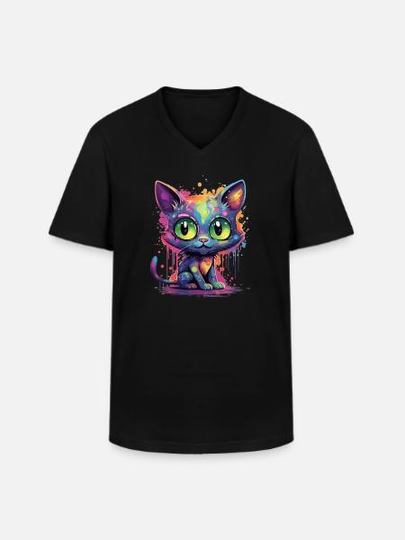 Bunte Neon Katze - Männer-T-Shirt mit V-Ausschnitt - Schwarz