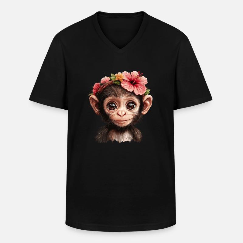 Süßer Affe mit Blumen - Männer-T-Shirt mit V-Ausschnitt - Schwarz