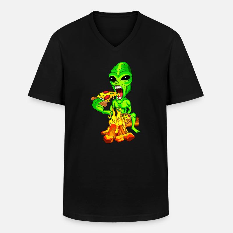 Alien isst Pizza - Männer-T-Shirt mit V-Ausschnitt - Schwarz