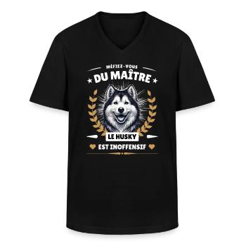Méfiez-vous du maître, le husky est inoffensif! - T-shirt col V Homme - noir - Devant - AI Model Male 178 dark (178cm)