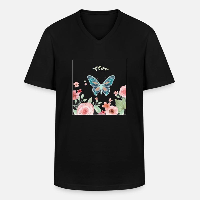 Papillon papillon fleur fleur - T-shirt col V Homme - noir