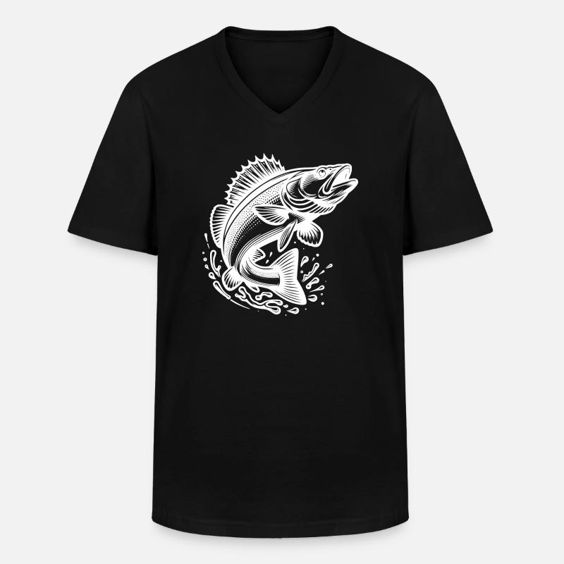 Springender Zander Fisch - Männer-T-Shirt mit V-Ausschnitt - Schwarz