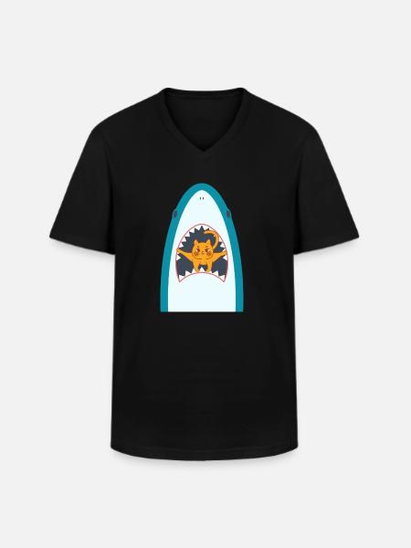 Shark Eating Cat - Männer-T-Shirt mit V-Ausschnitt - Schwarz