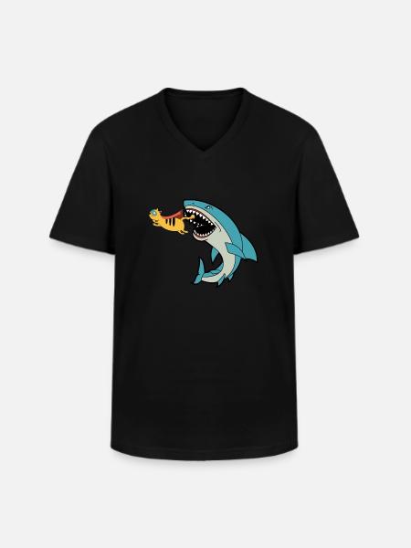Shark Eating Cat - Männer-T-Shirt mit V-Ausschnitt - Schwarz