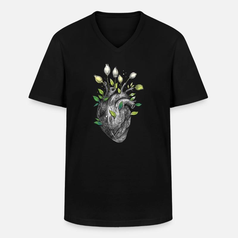 Anatomisches Herz und Blumen - Männer-T-Shirt mit V-Ausschnitt - Schwarz