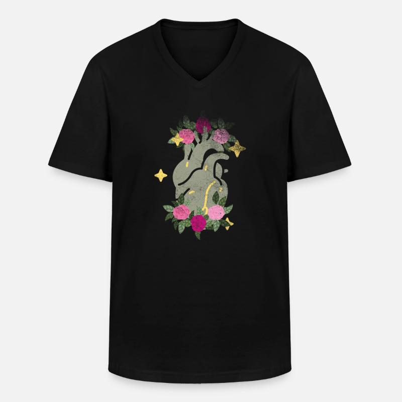 Anatomisches Herz und Blumen - Männer-T-Shirt mit V-Ausschnitt - Schwarz