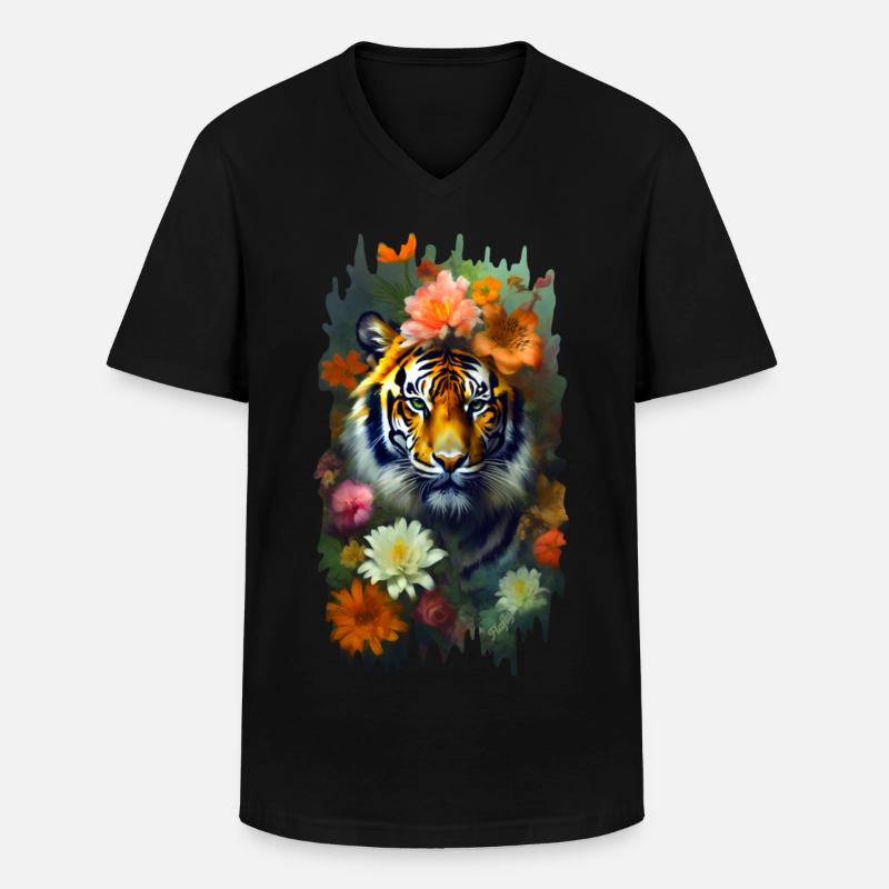 Tiger zwischen den Blumen 🌸💛 - Männer-T-Shirt mit V-Ausschnitt - Schwarz