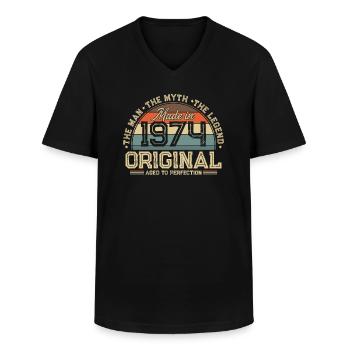 1974 Vintage né homme mythe légende - T-shirt col V Homme - noir - Devant - AI Model Male 178 dark (178cm)