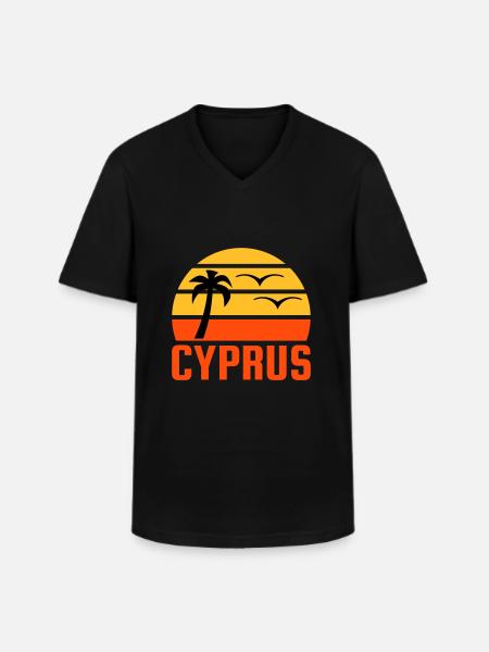 Chypre (demi-soleil, palmier, deux oiseaux) - T-shirt col V Homme - noir