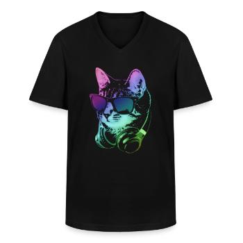 DJ Cat In Neon Lights - Men's V-Neck T-Shirt - black - Front - AI Model Male 178 dark (178cm)