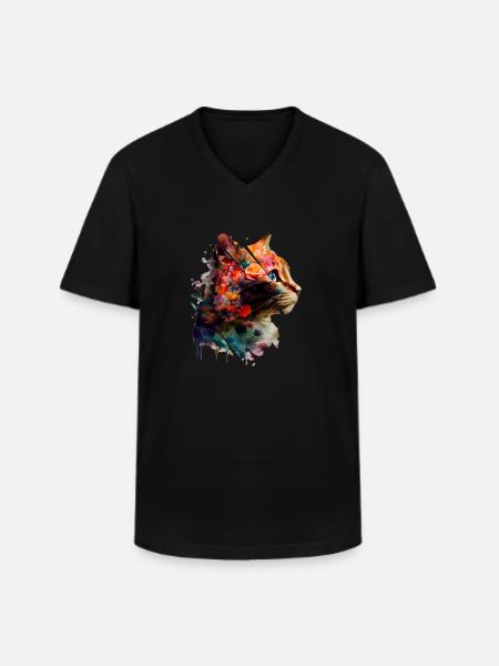 Katze und Blumen - Männer-T-Shirt mit V-Ausschnitt - Schwarz
