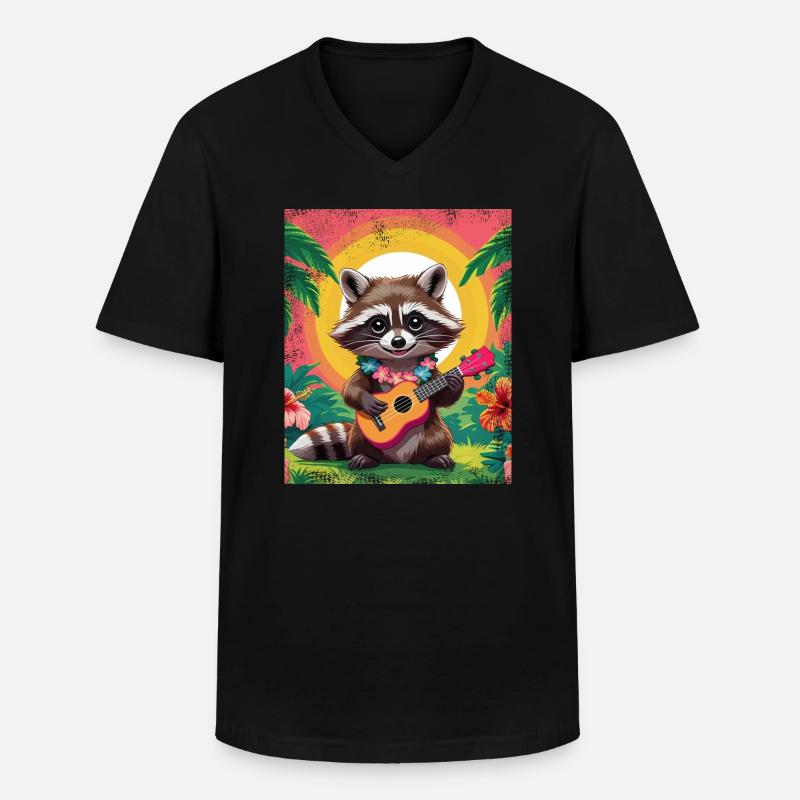 Waschbär mit Ukulele - Männer-T-Shirt mit V-Ausschnitt - Schwarz