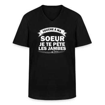 citation humour touche à ma sœur je te pète jambes - T-shirt col V Homme - noir - Devant - AI Model Male 178 dark (178cm)
