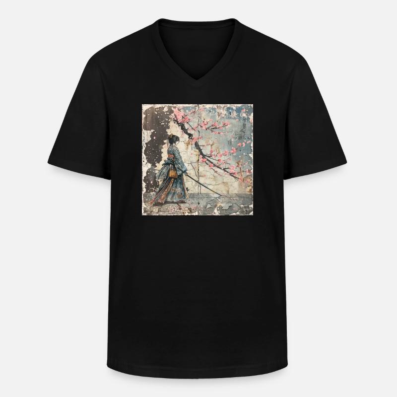 Japanisch, Samurai, Kirschblüte, Kunst, Ukiyo-E - Männer-T-Shirt mit V-Ausschnitt - Schwarz