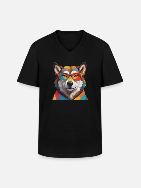 Wolf Cool mit Brille Bunt - Männer-T-Shirt mit V-Ausschnitt - Schwarz