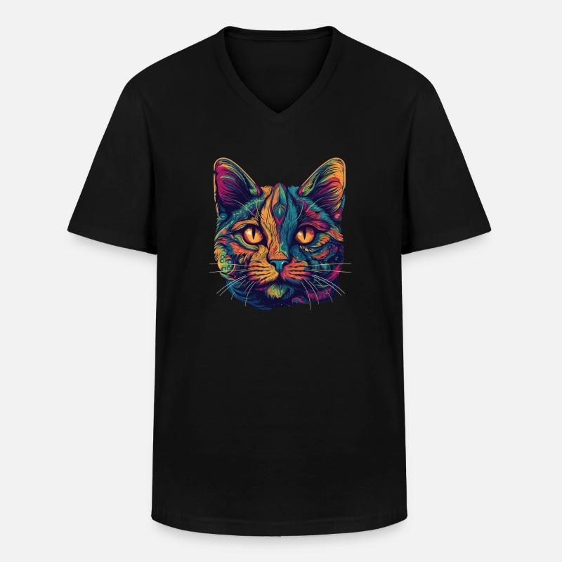 Psychedelisches Katzengesicht mit bunten Mustern - Männer-T-Shirt mit V-Ausschnitt - Schwarz