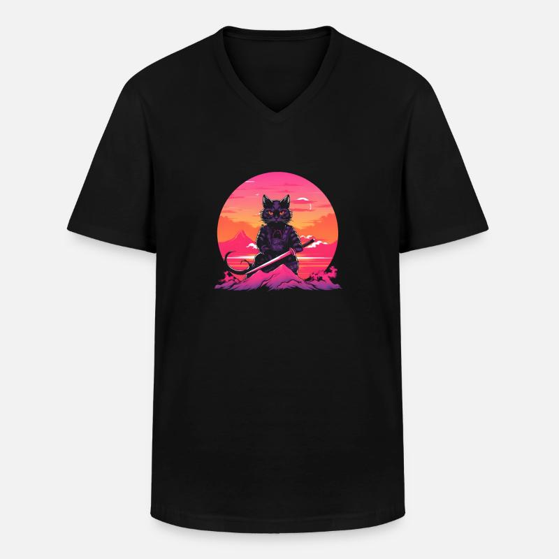 Synthwave samurai Cat with katana - Männer-T-Shirt mit V-Ausschnitt - Schwarz