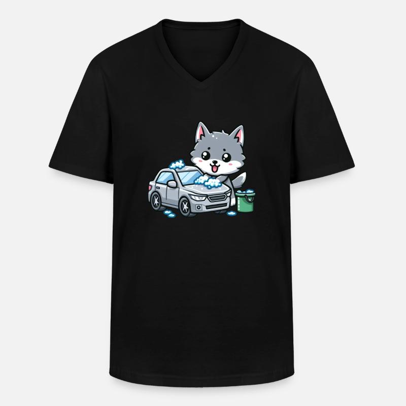 Süßer Wolf wäscht Auto - Männer-T-Shirt mit V-Ausschnitt - Schwarz