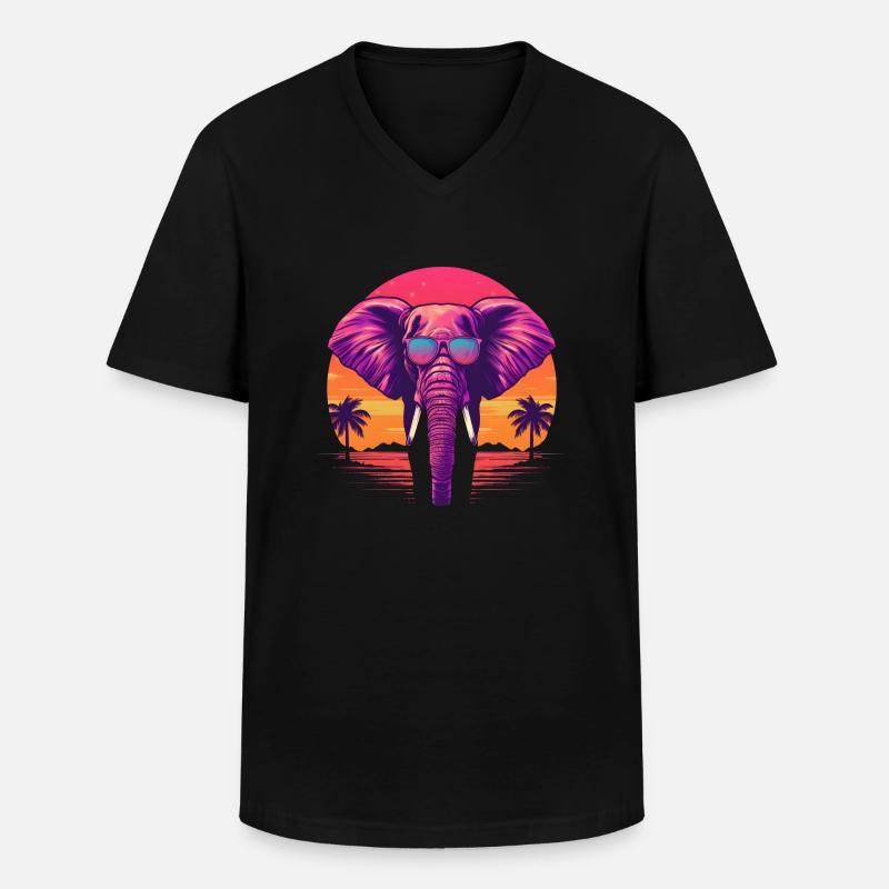 Synthwave Elephant Sunset - Männer-T-Shirt mit V-Ausschnitt - Schwarz