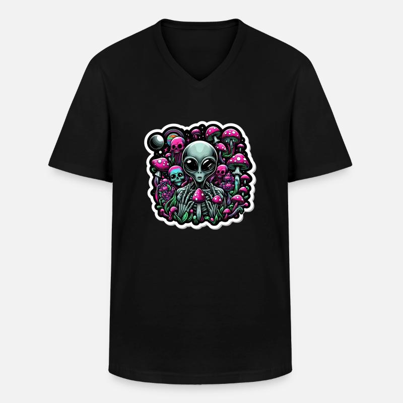Psychedelischer Alien mit Pilzen - Männer-T-Shirt mit V-Ausschnitt - Schwarz