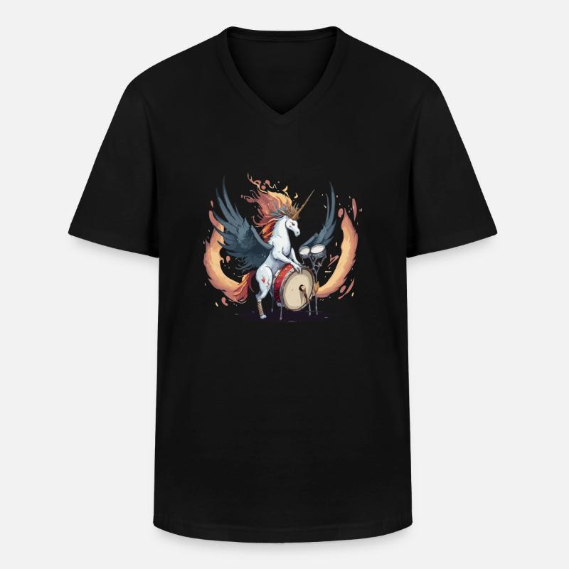 Einhorn am Schlagzeug - Männer-T-Shirt mit V-Ausschnitt - Schwarz