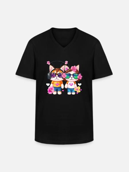Katze freunde - Männer-T-Shirt mit V-Ausschnitt - Schwarz