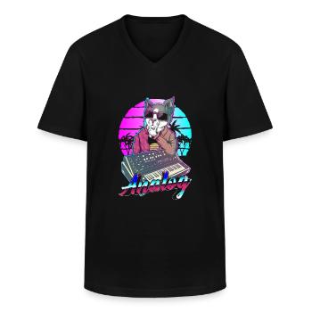 Synthesizer Vaporwave Cat Modular Analog - Men's V-Neck T-Shirt - black - Front - AI Model Male 178 dark (178cm)