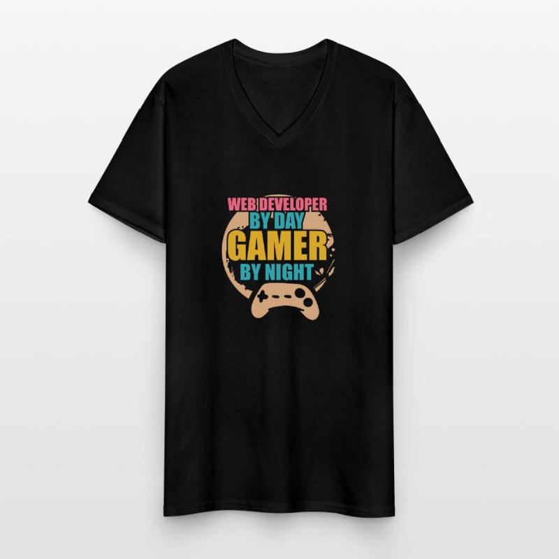 Developer Web Developer By Day Gamer By Night T-shirt col V Homme