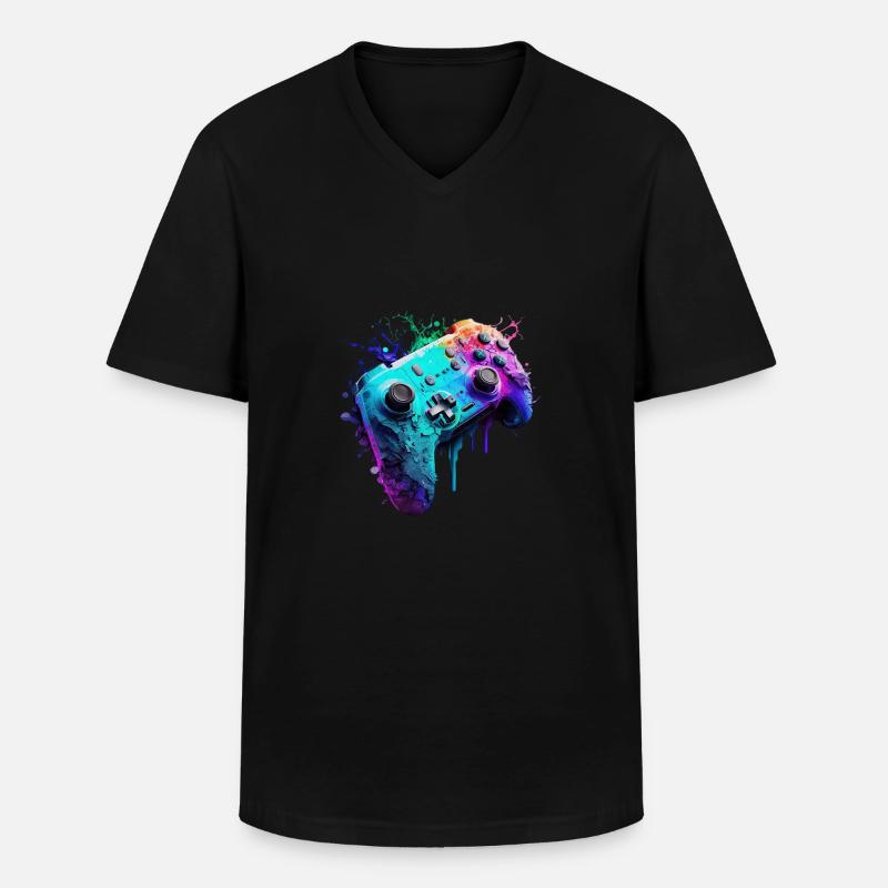 Neon Gaming Controller / Kontroller - Männer-T-Shirt mit V-Ausschnitt - Schwarz