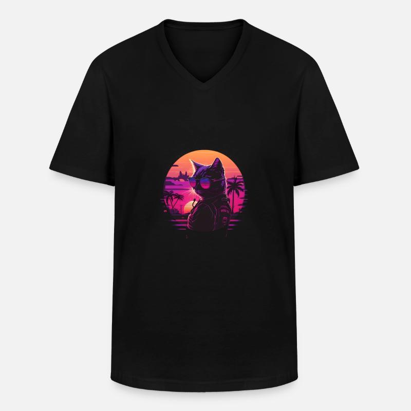 Synthwave cat sunset - Männer-T-Shirt mit V-Ausschnitt - Schwarz