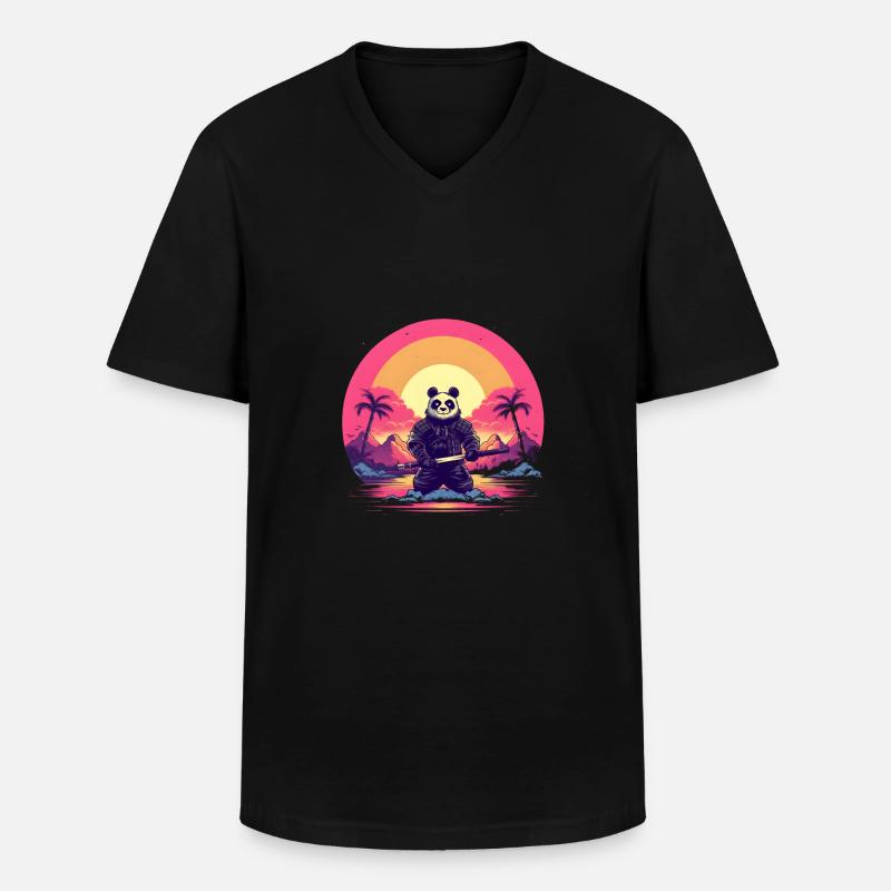 Synthwave Panda Samurai - Männer-T-Shirt mit V-Ausschnitt - Schwarz
